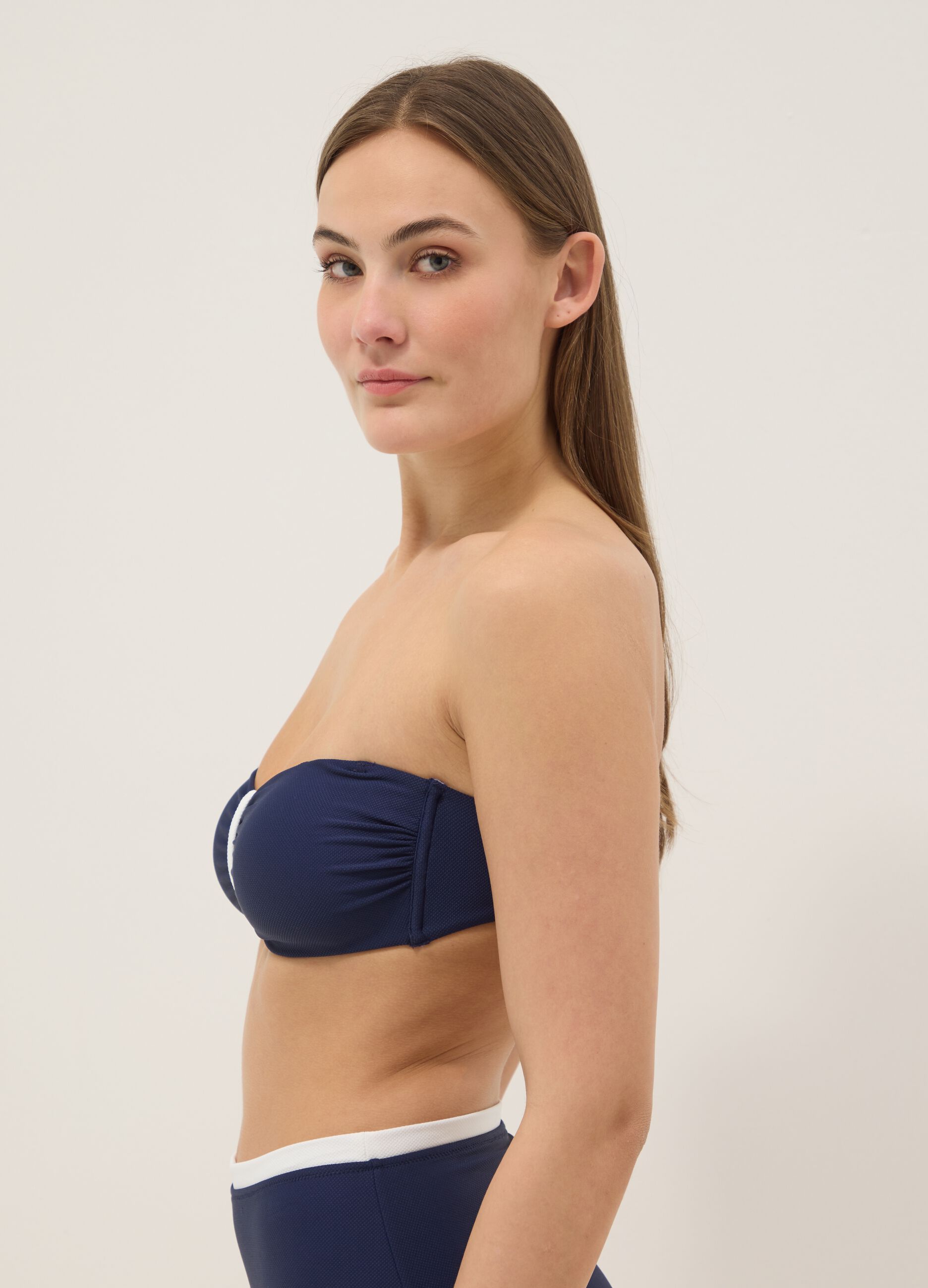 Blue and white bandeau bikini top in stretch fabric