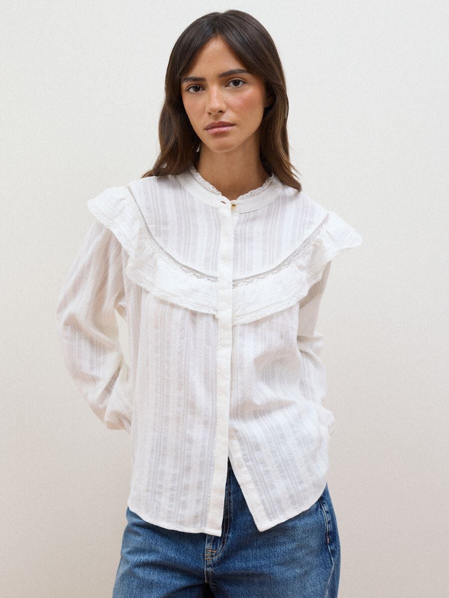 White pure cotton shirt with Mandarin collar and ruffles_0