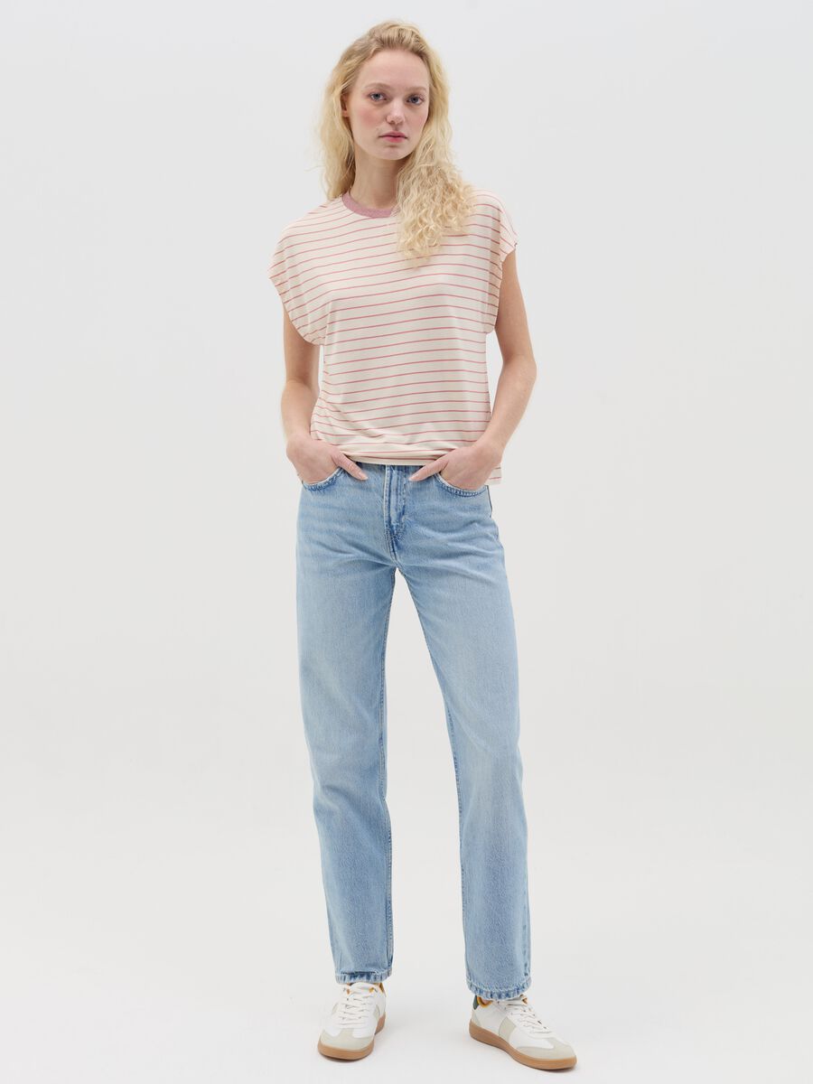 Pink and beige striped T-shirt with short sleeves_1