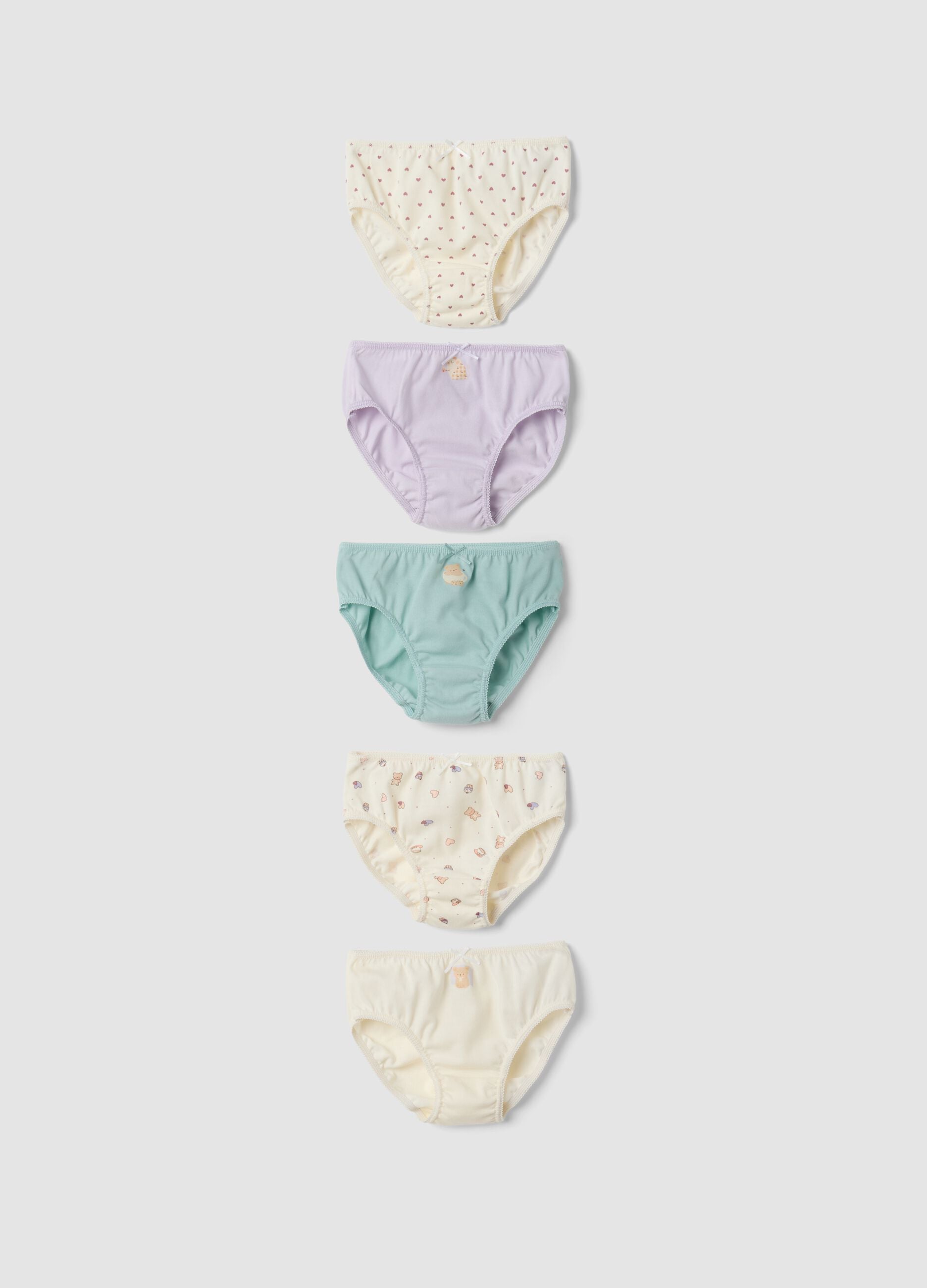 Pack of five multicolour briefs in pure organic cotton for baby girls and girls