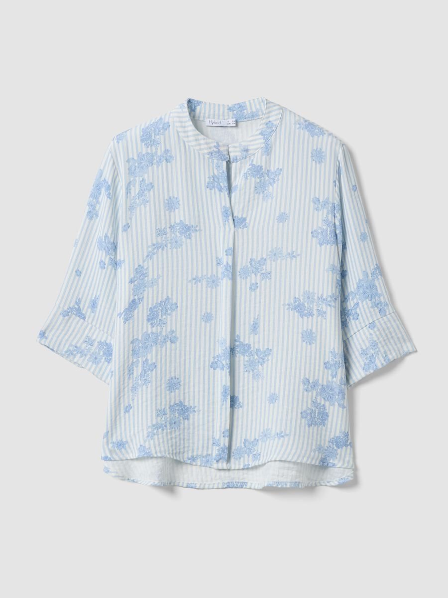 Light Blue Viscose-Blend Blouse with Stripes and Floral Print_0