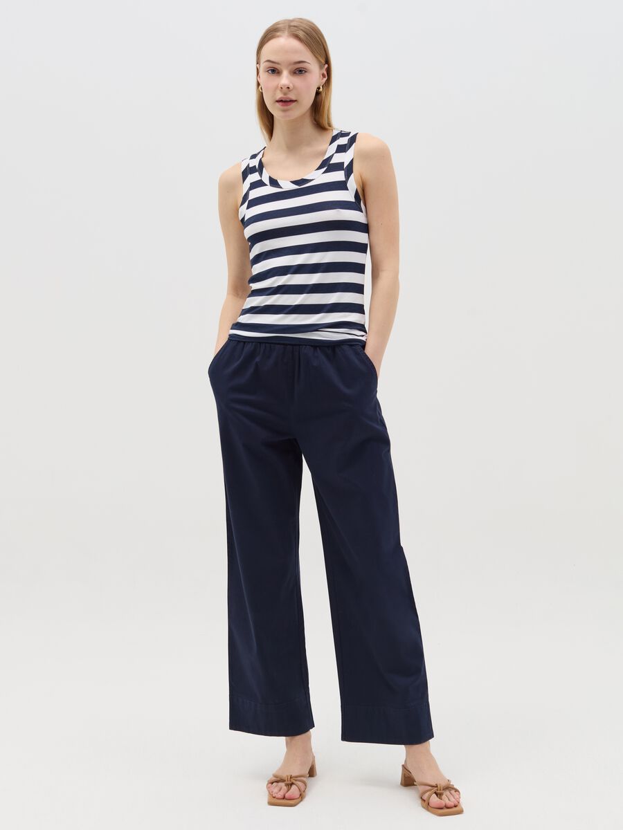 Navy blue wide-leg trousers in stretch cotton_0