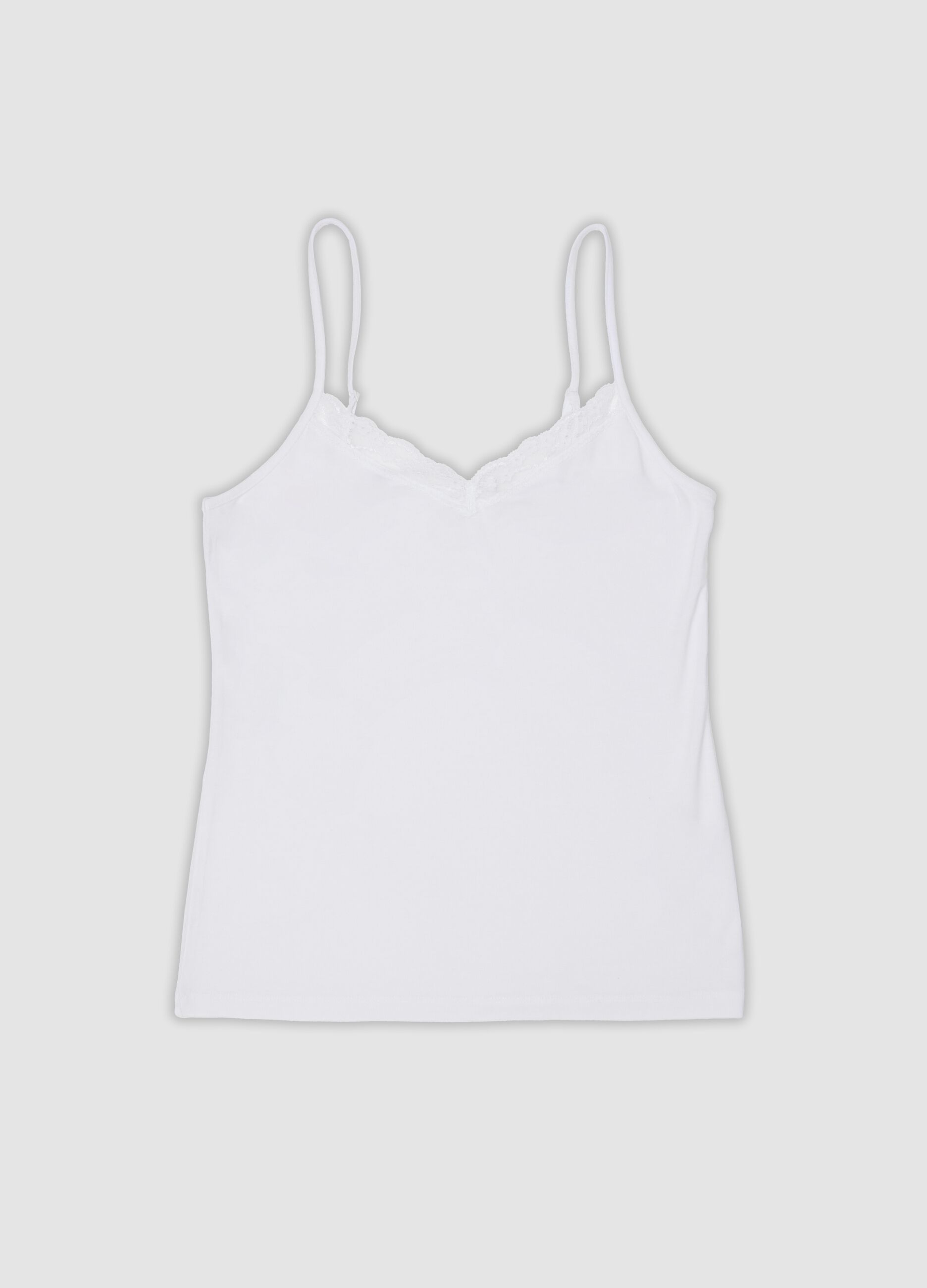 White stretch viscose camisole with deep V-neck lace trim