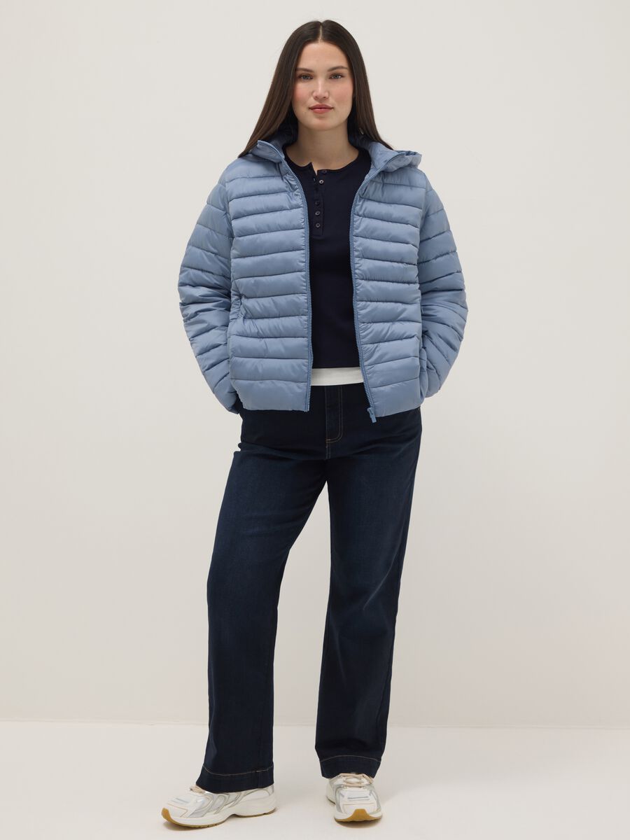 Blue padded regular fit jacket with zip and hood_1