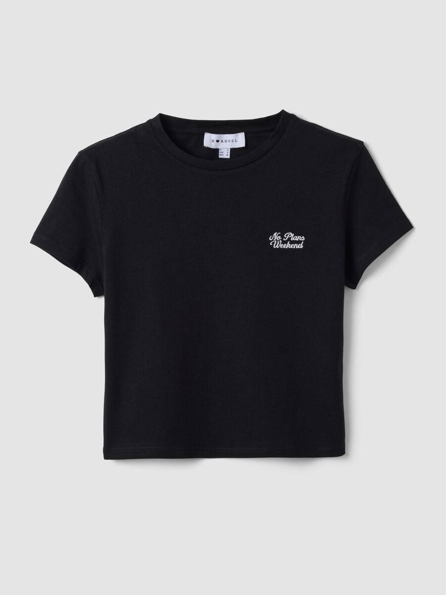 T-shirt crop nera in puro cotone a girocollo con stampa_0