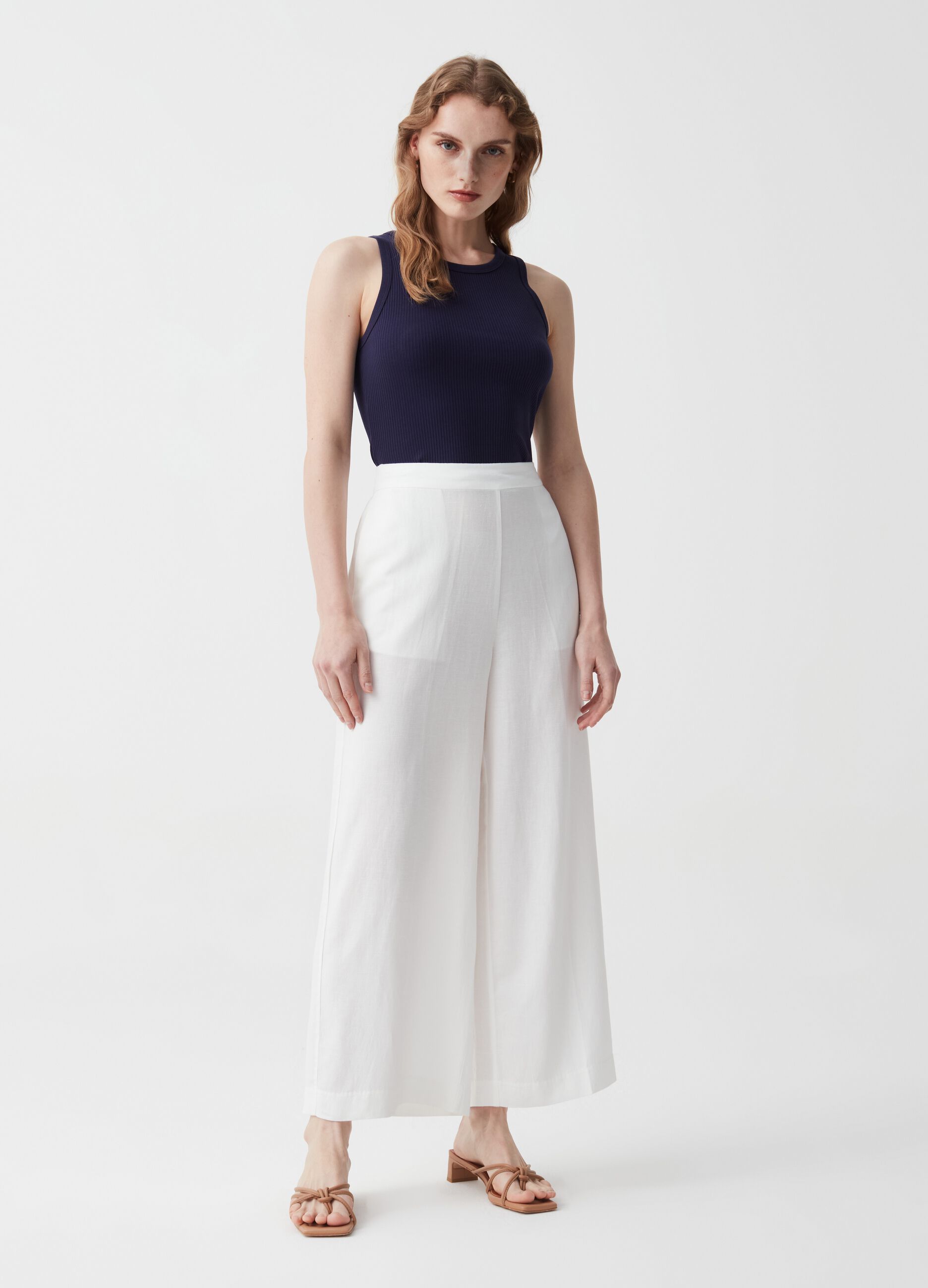 Pantalone wide leg in lino e viscosa