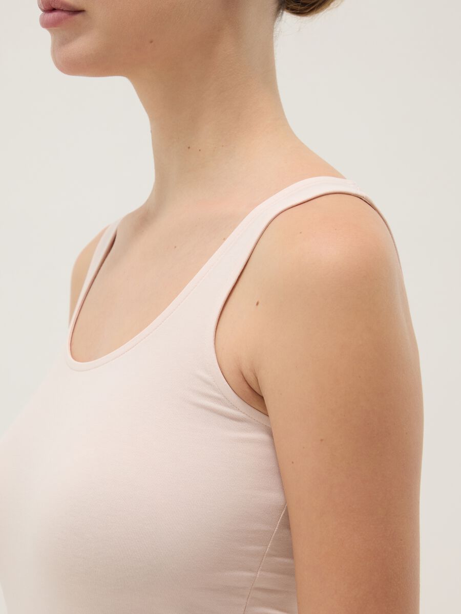 Beige regular fit stretch cotton tank top_3