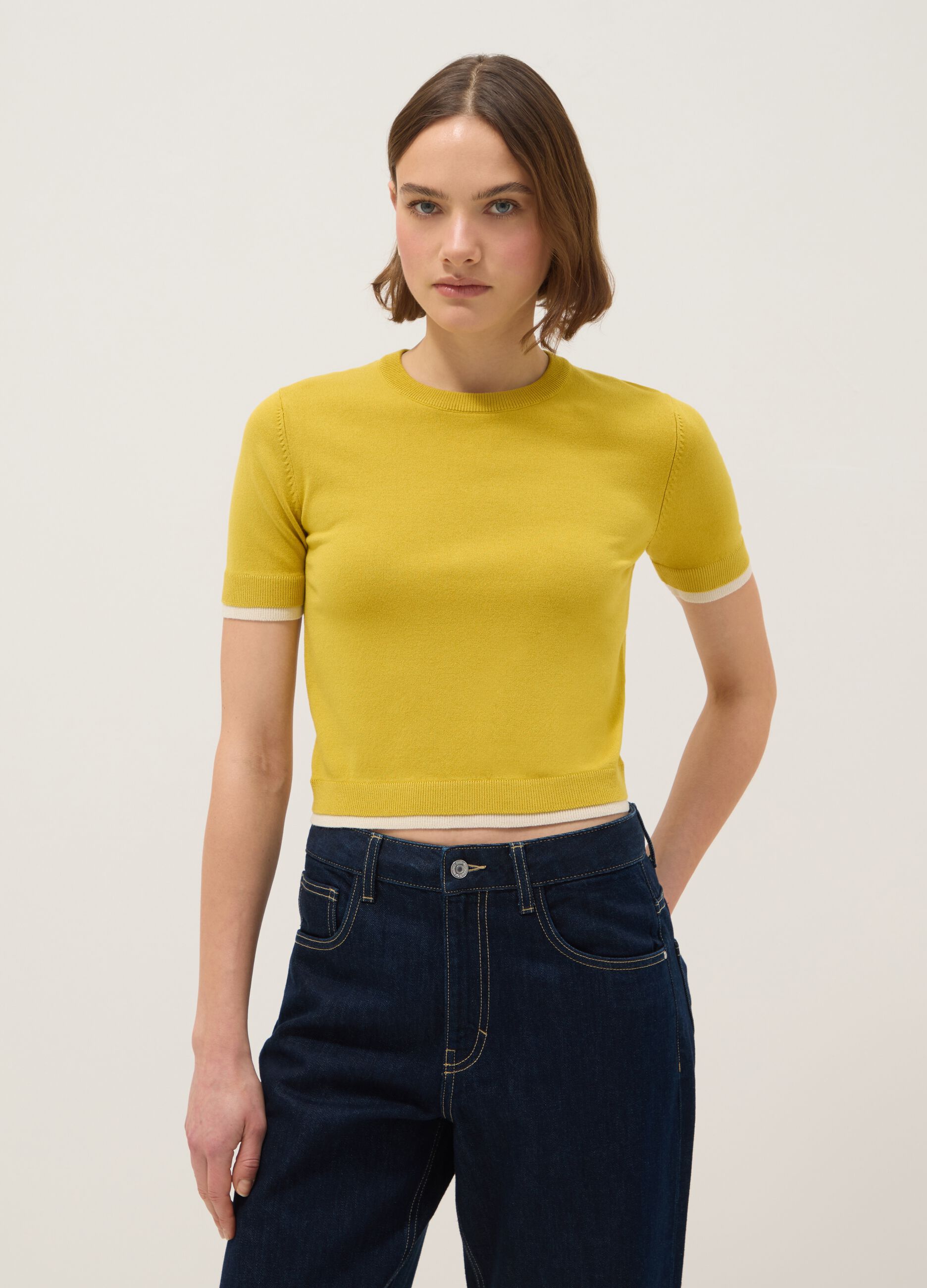 Yellow viscose blend crew neck sweater regular fit