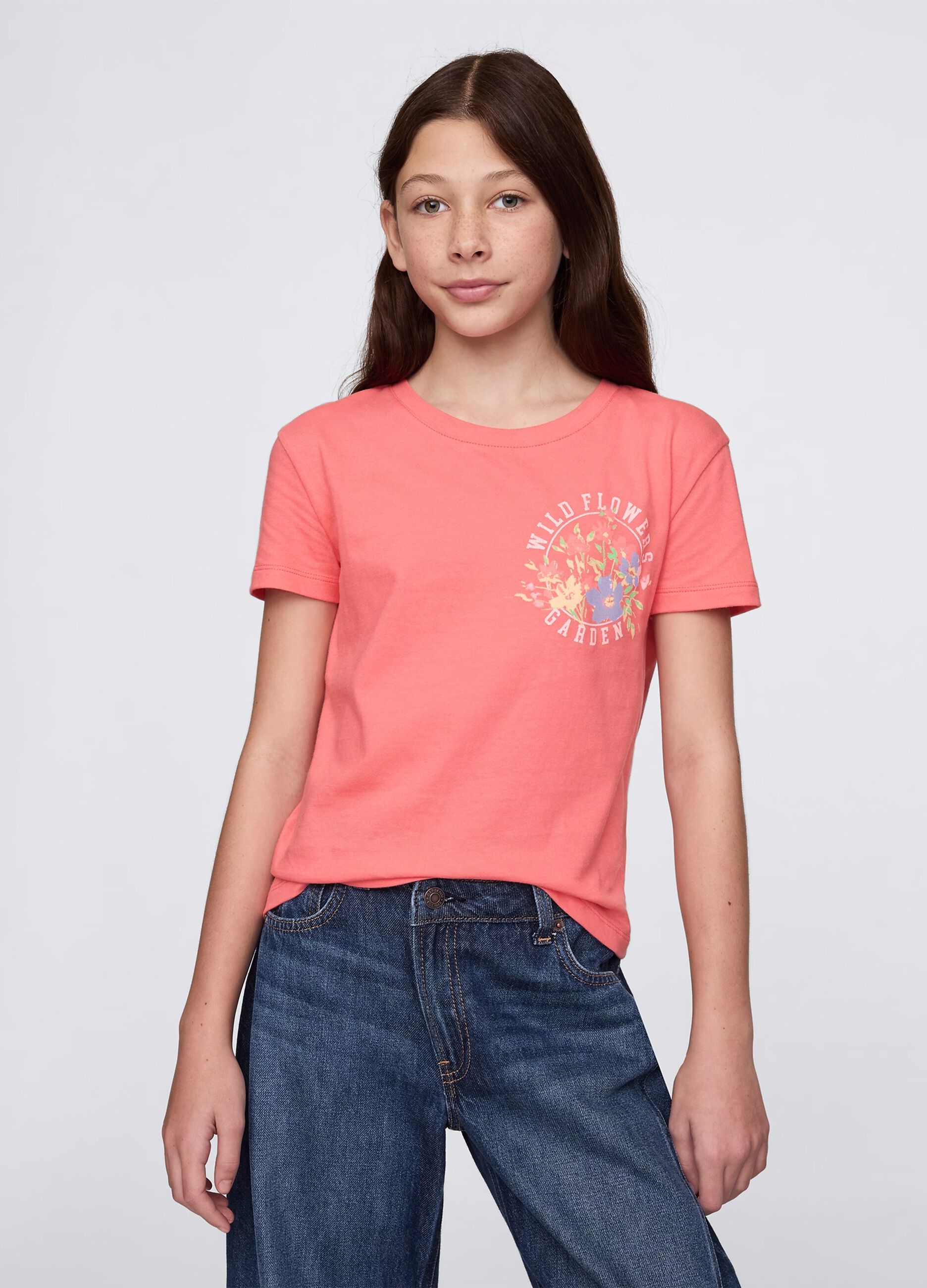 Pink cotton T-shirt with flowers print
