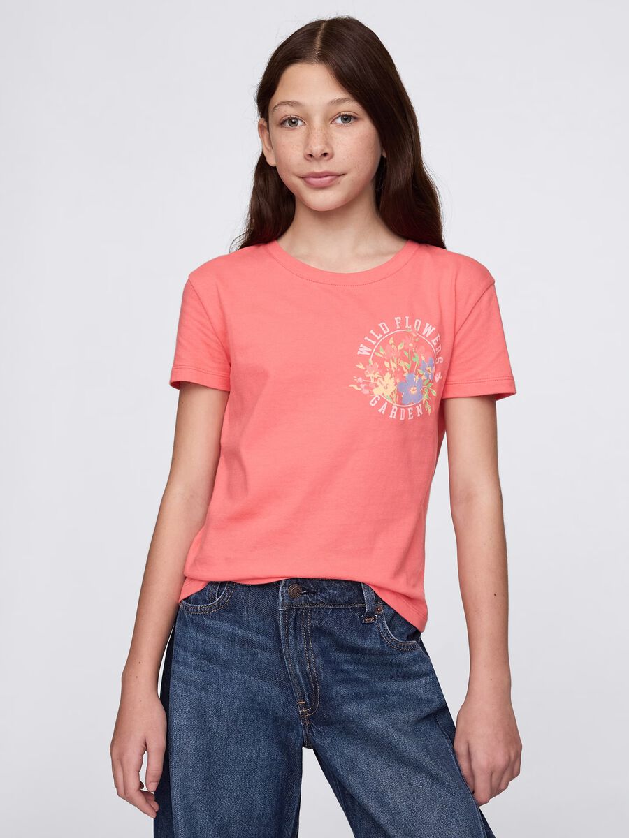 Pink cotton T-shirt with flowers print_0