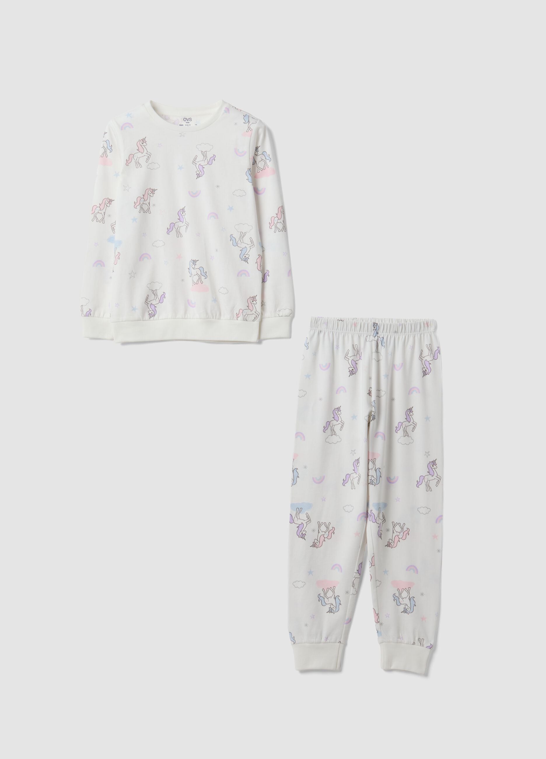 White pure organic cotton unicorn print pyjamas for girls