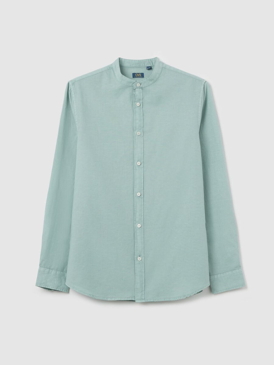 Light blue shirt in cotton and linen with Mandarin collar_4