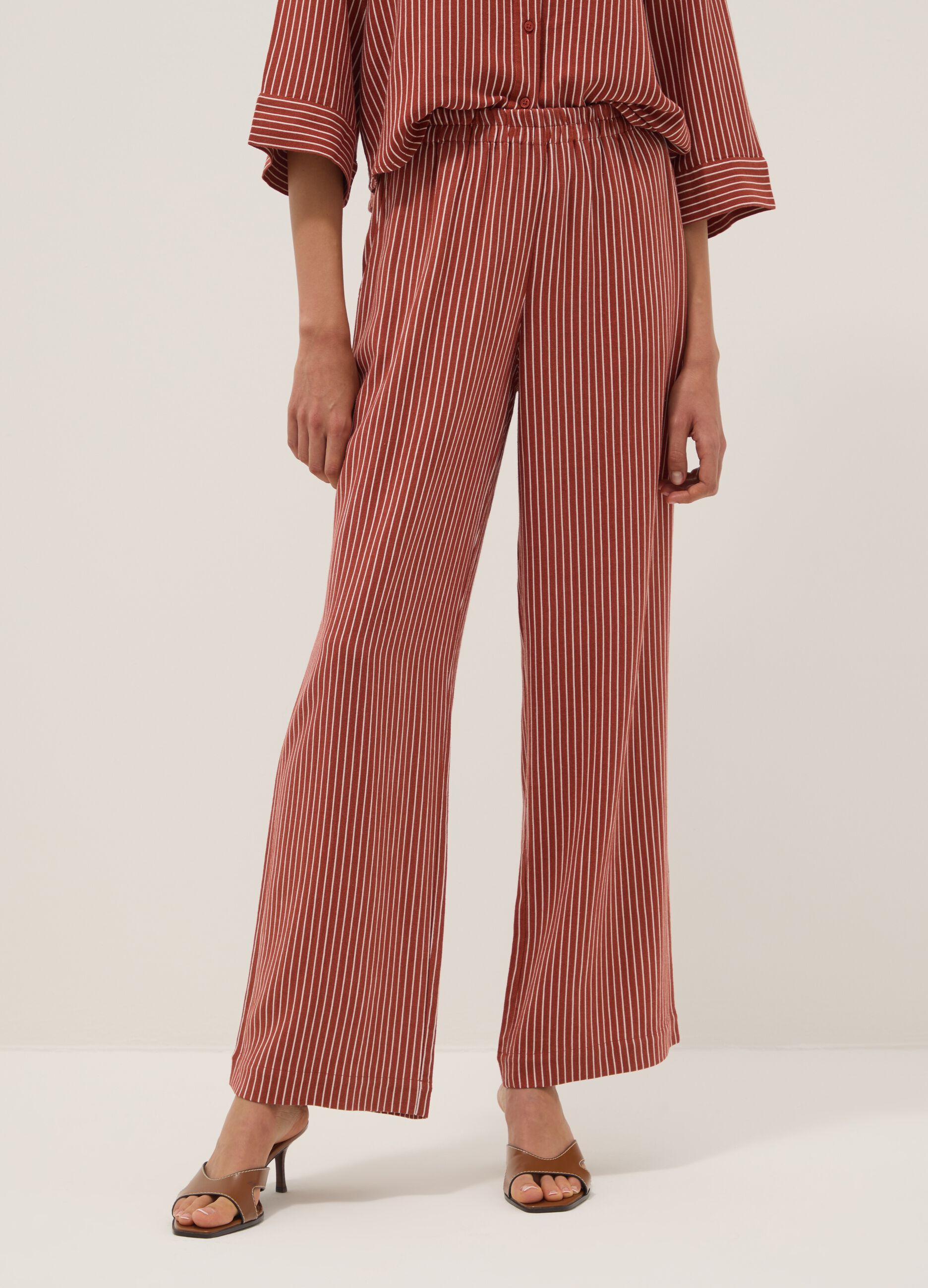 Red and white striped viscose and linen-blend straight-fit trousers