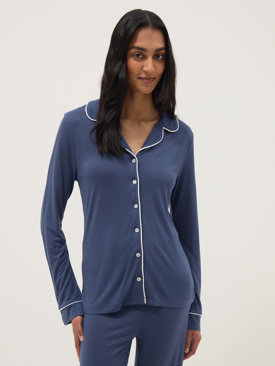 Regular fit blue viscose pyjamas with V-neck_1