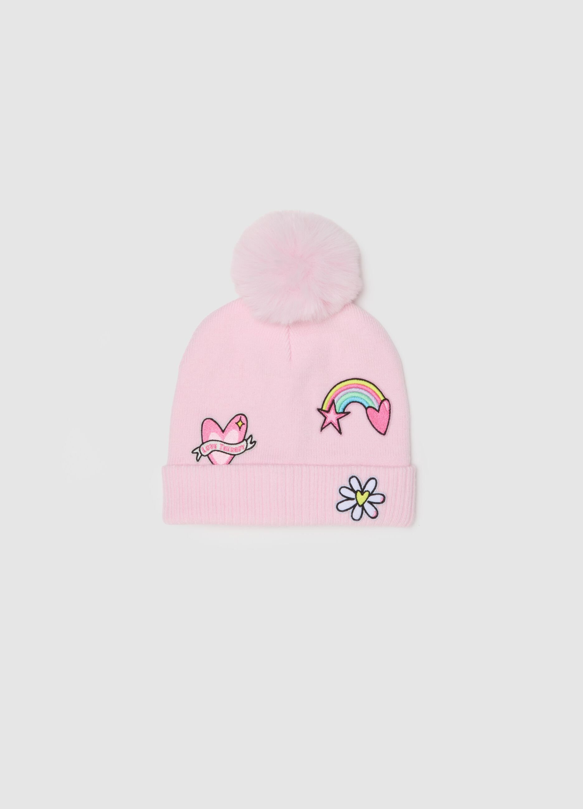 Girls' pink hat with pom poms and colourful patches