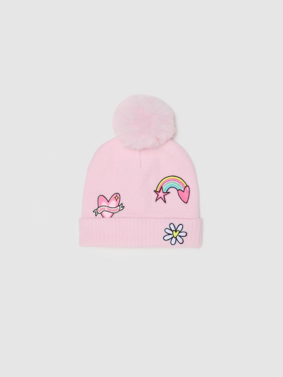 Girls' pink hat with pom poms and colourful patches_0