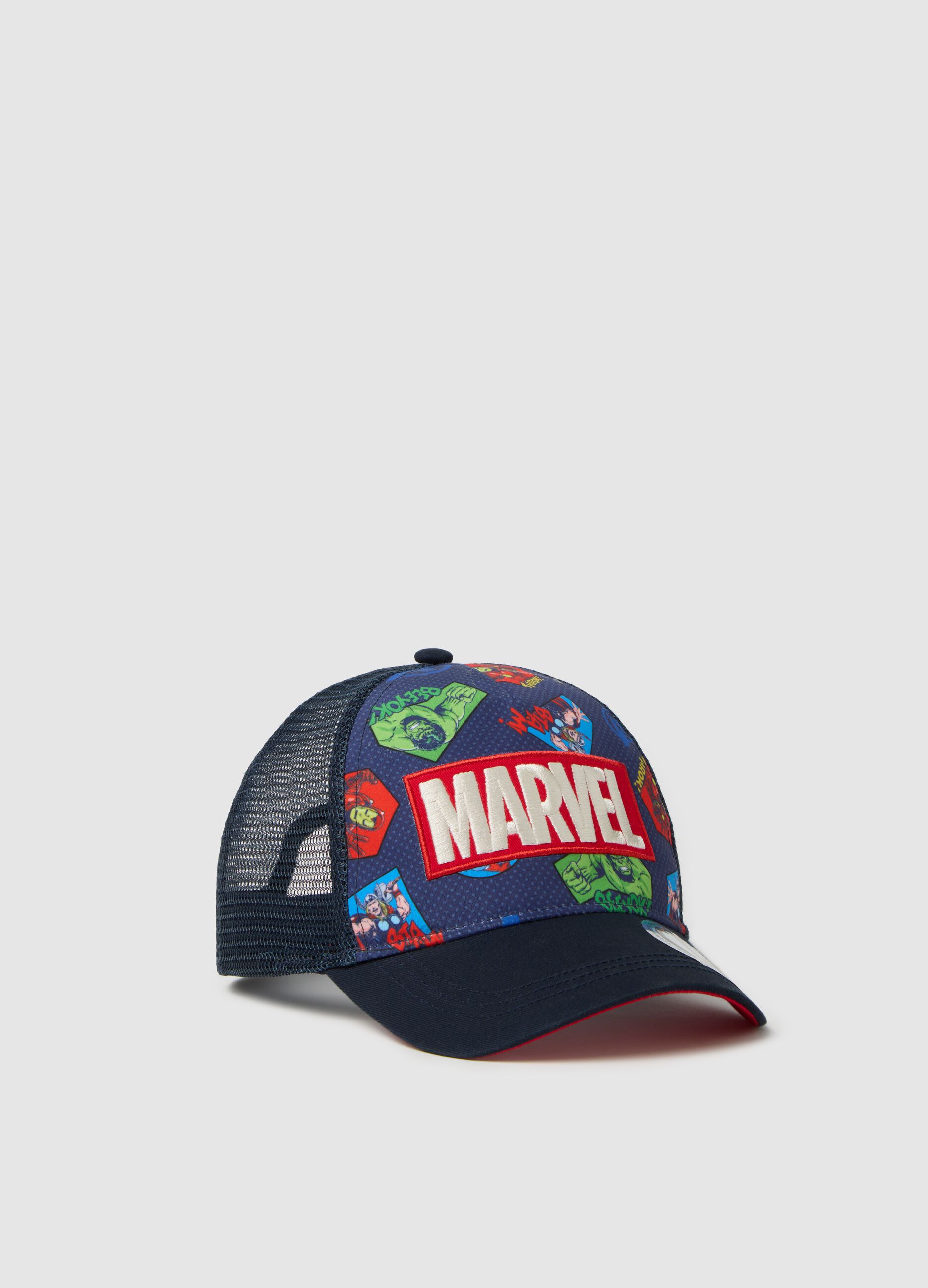 Blue baseball cap with superheroes print
