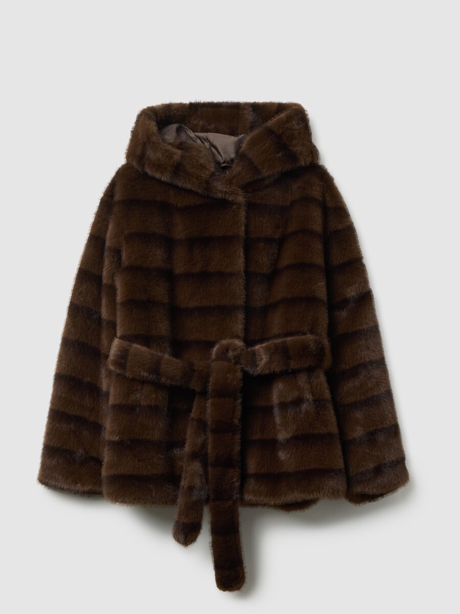 Cappotto morbido marrone con cappuccio e cintura regular fit_4