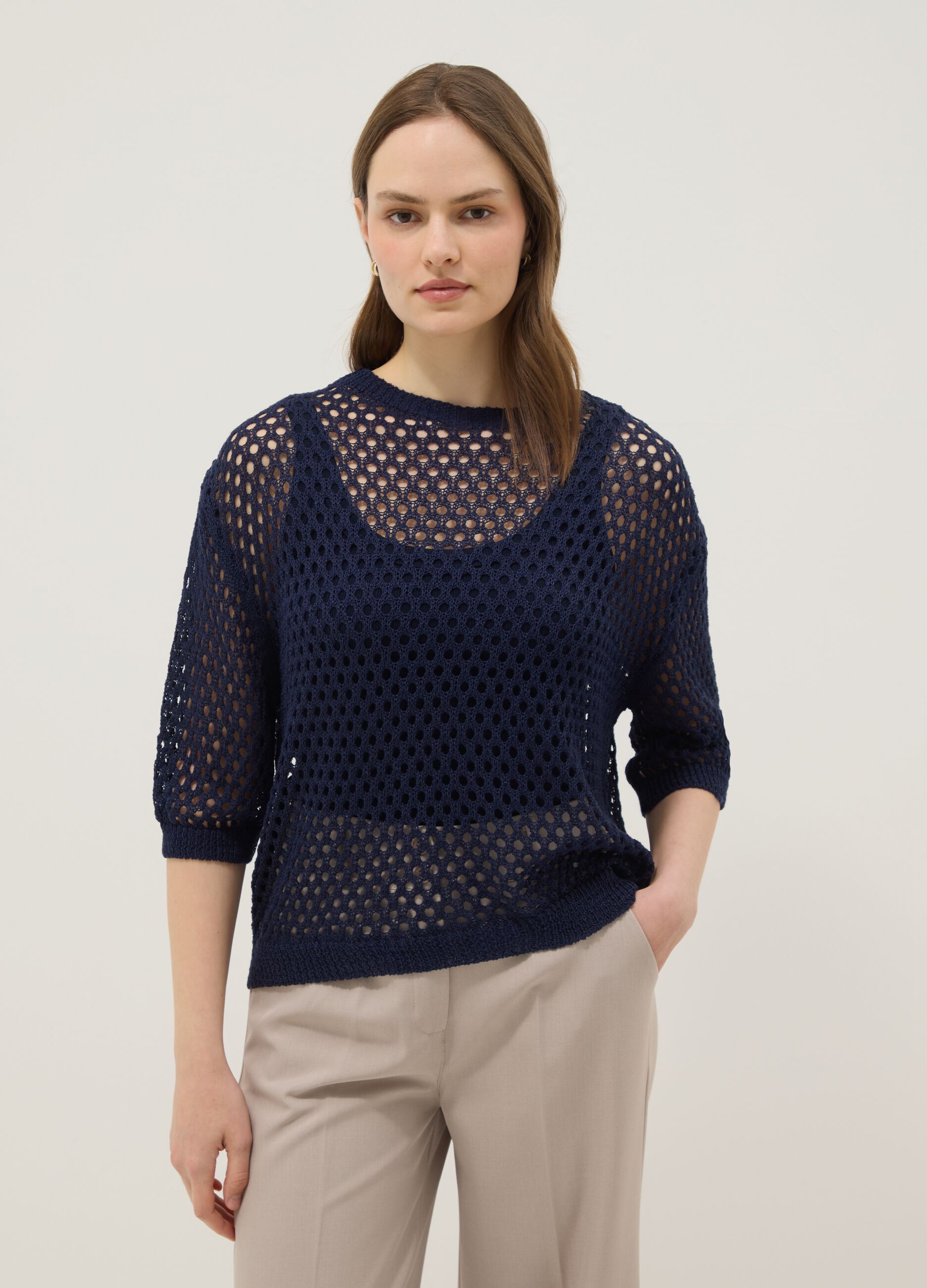 Blue open-knit three-quarter sleeve top