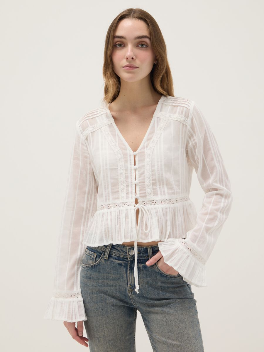 White pure cotton transparent shirt, regular fit with ruffles_1