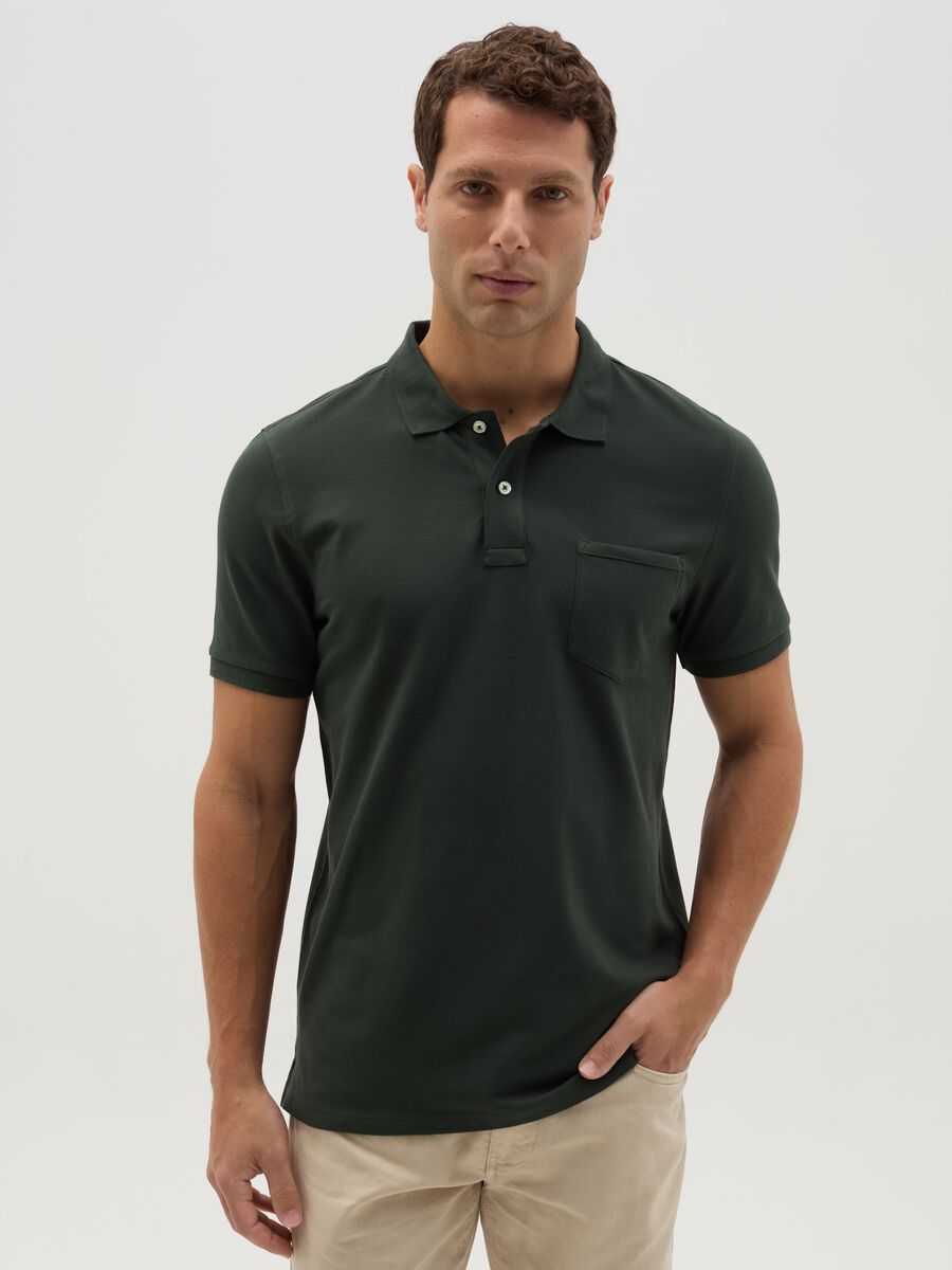 Stretch cotton polo shirt with pocket_0