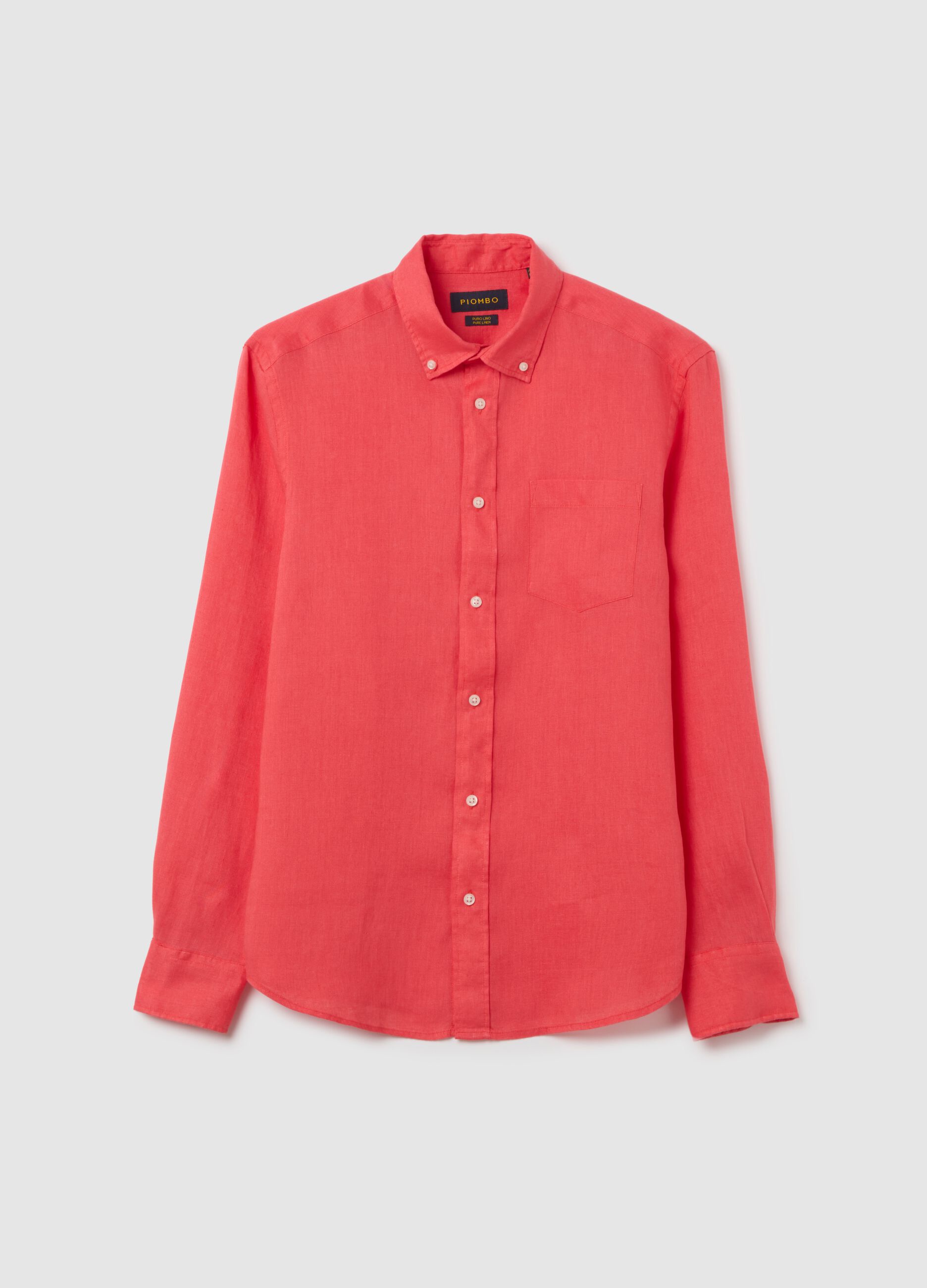 Camicia da uomo in puro lino rosa regular fit con colletto button down