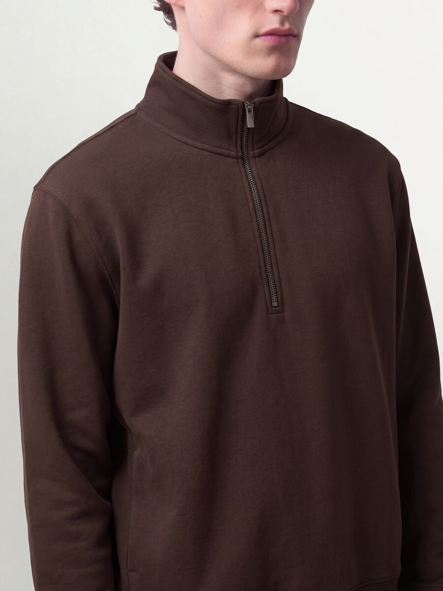 Brown half-zip cotton-blend crew neck_2
