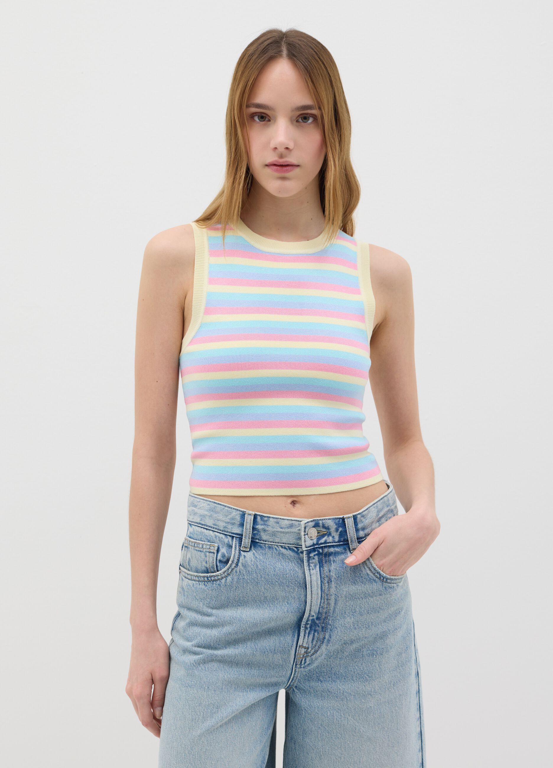 Multicolor striped top in viscose and polyamide blend