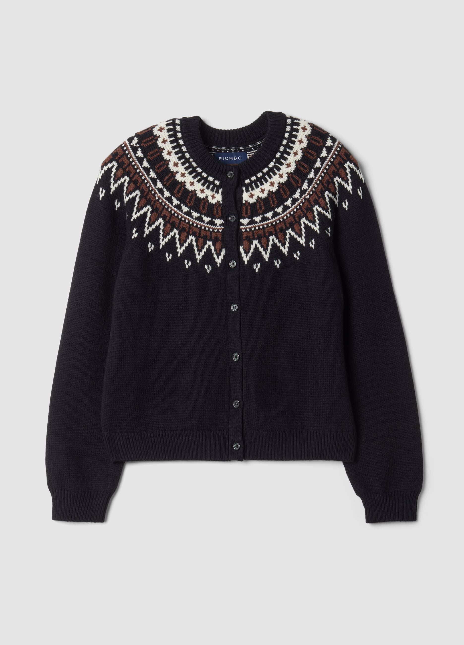 Blue jacquard wool-blend crew-neck cardigan