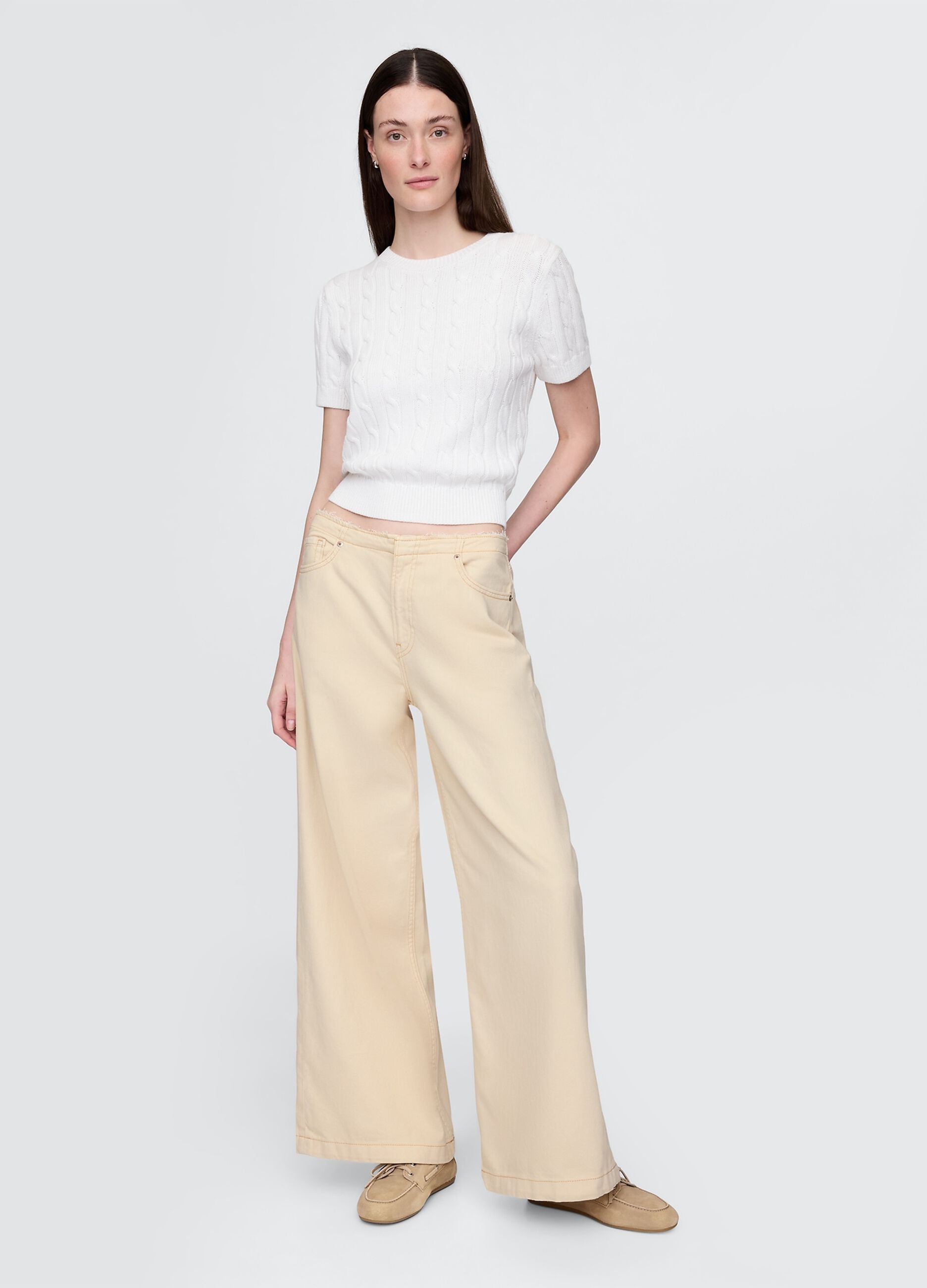Beige Flared Trousers in Cotton and Lyocell