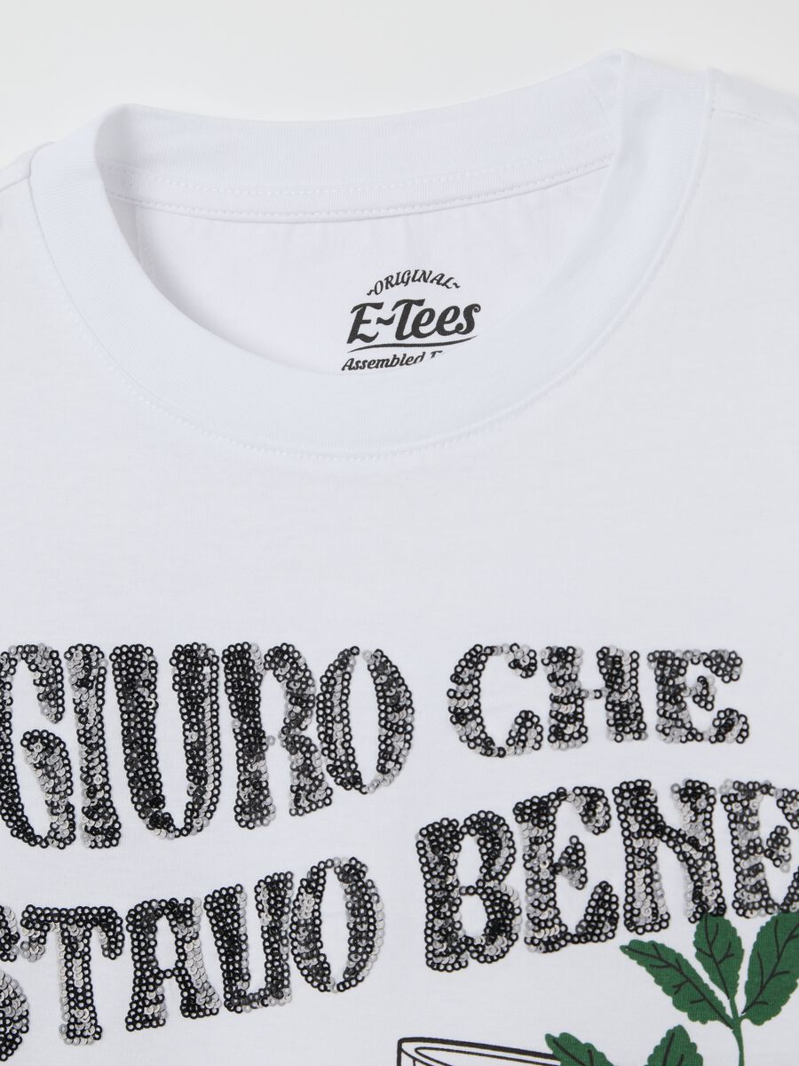 White T-shirt in cotton with sequins and mojito print_5