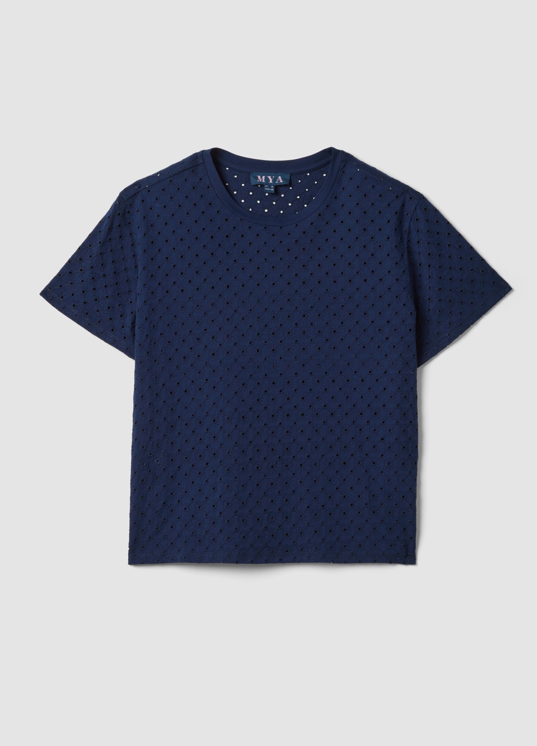 Blue open-knit cotton-blend T-shirt
