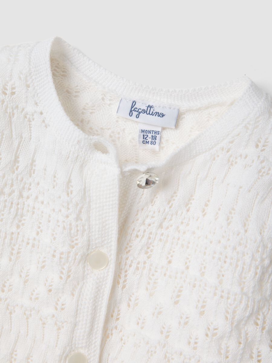 White fitted pure cotton knitted cardigan for baby girl_3