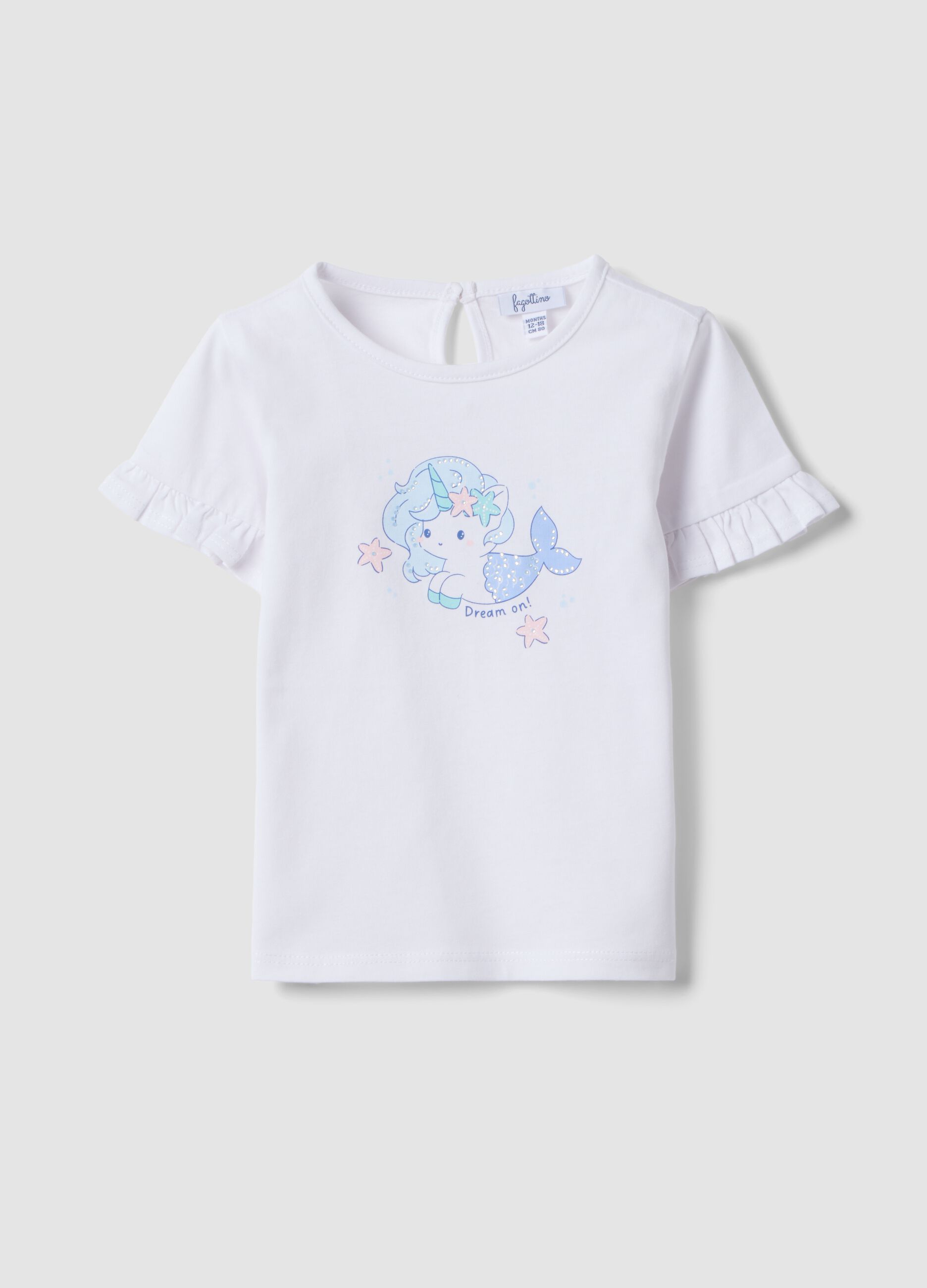 Girls&rsquo; white organic cotton T-shirt with print and frill sleeves