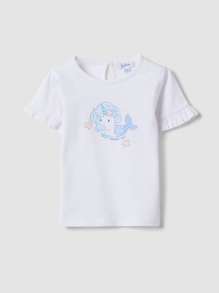 Girls&rsquo; white organic cotton T-shirt with print and frill sleeves_0