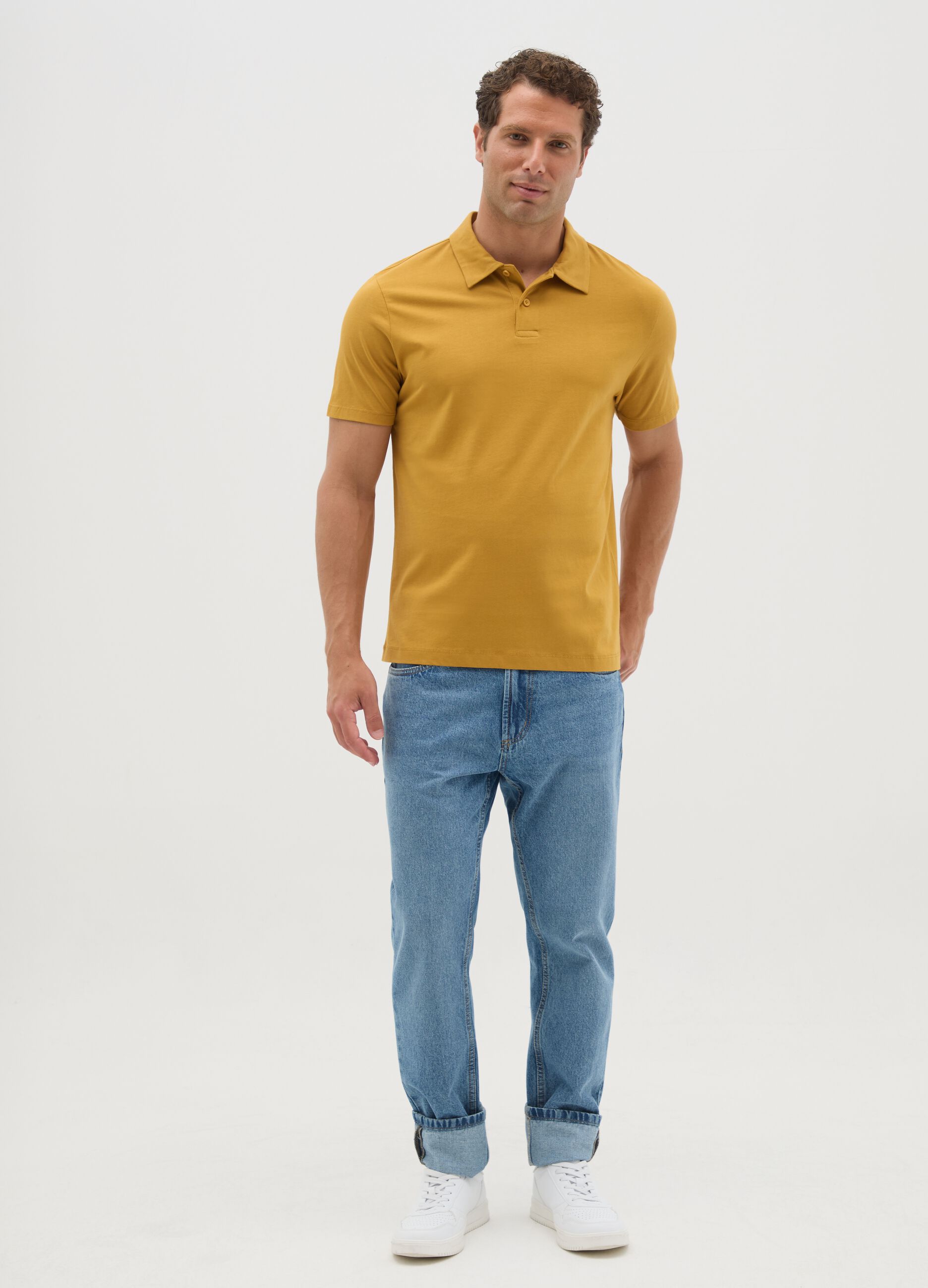 Men's yellow pure cotton polo - regular fit