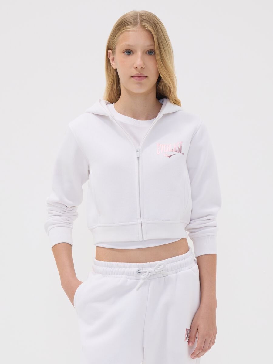White hooded zip-up sweatshirt in cotton blend for girls, regular fit_1