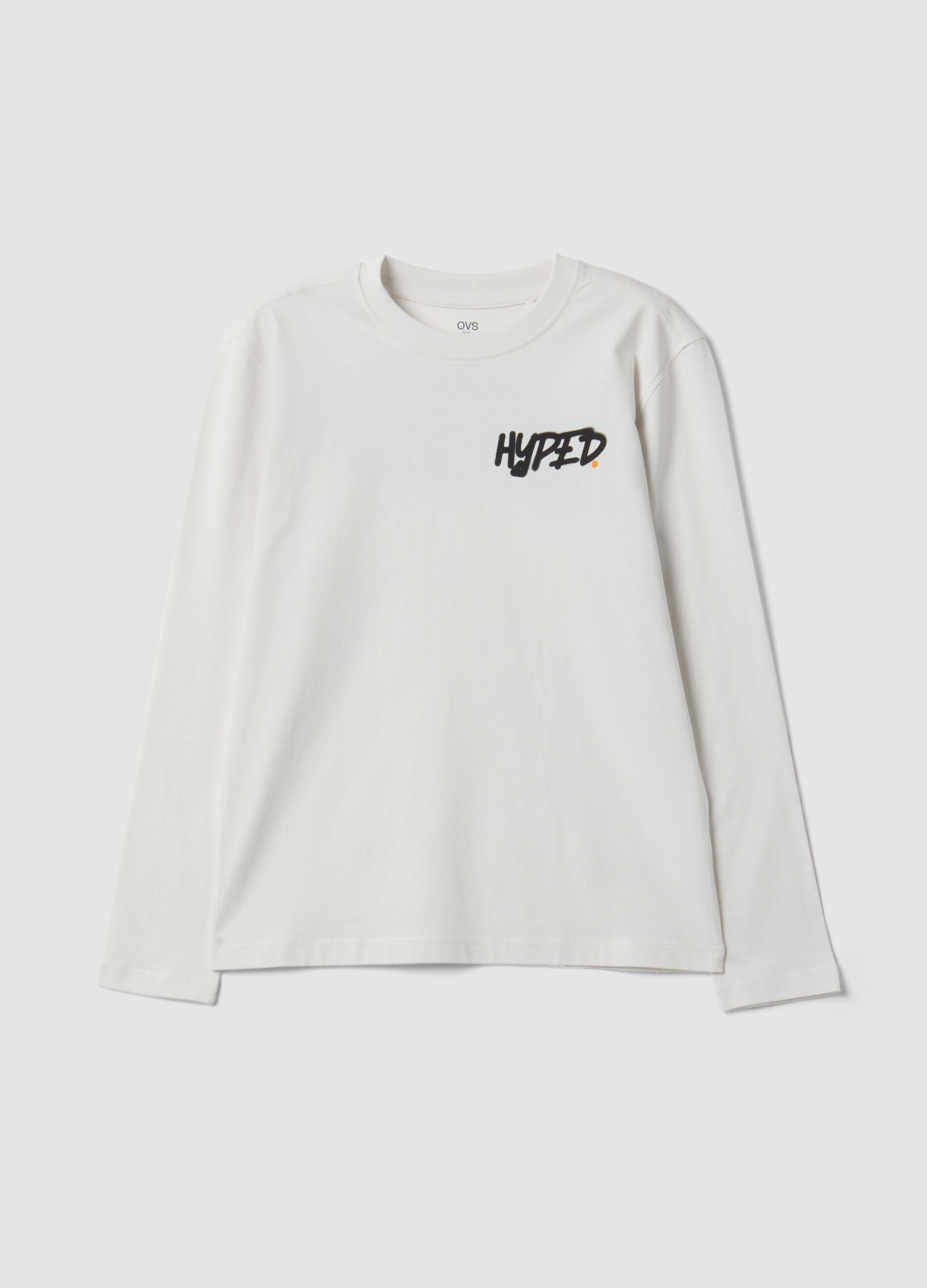 White pure organic cotton T-shirt with "Hyped" print for boys