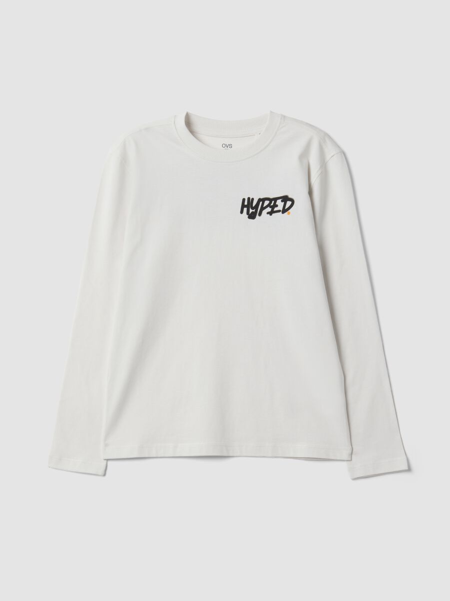 White pure organic cotton T-shirt with "Hyped" print for boys_3