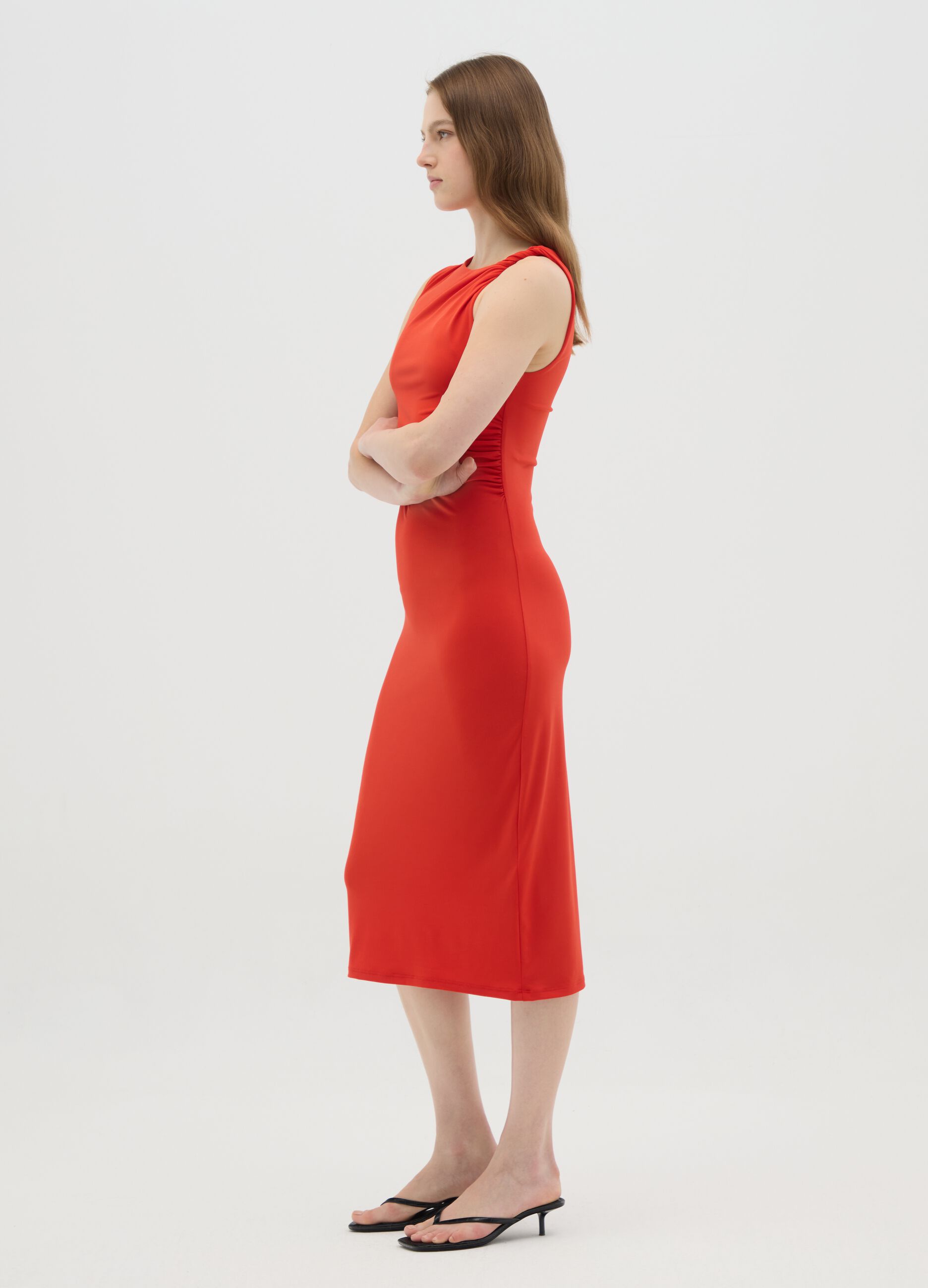 Women's long dress in red stretch fabric regular fit