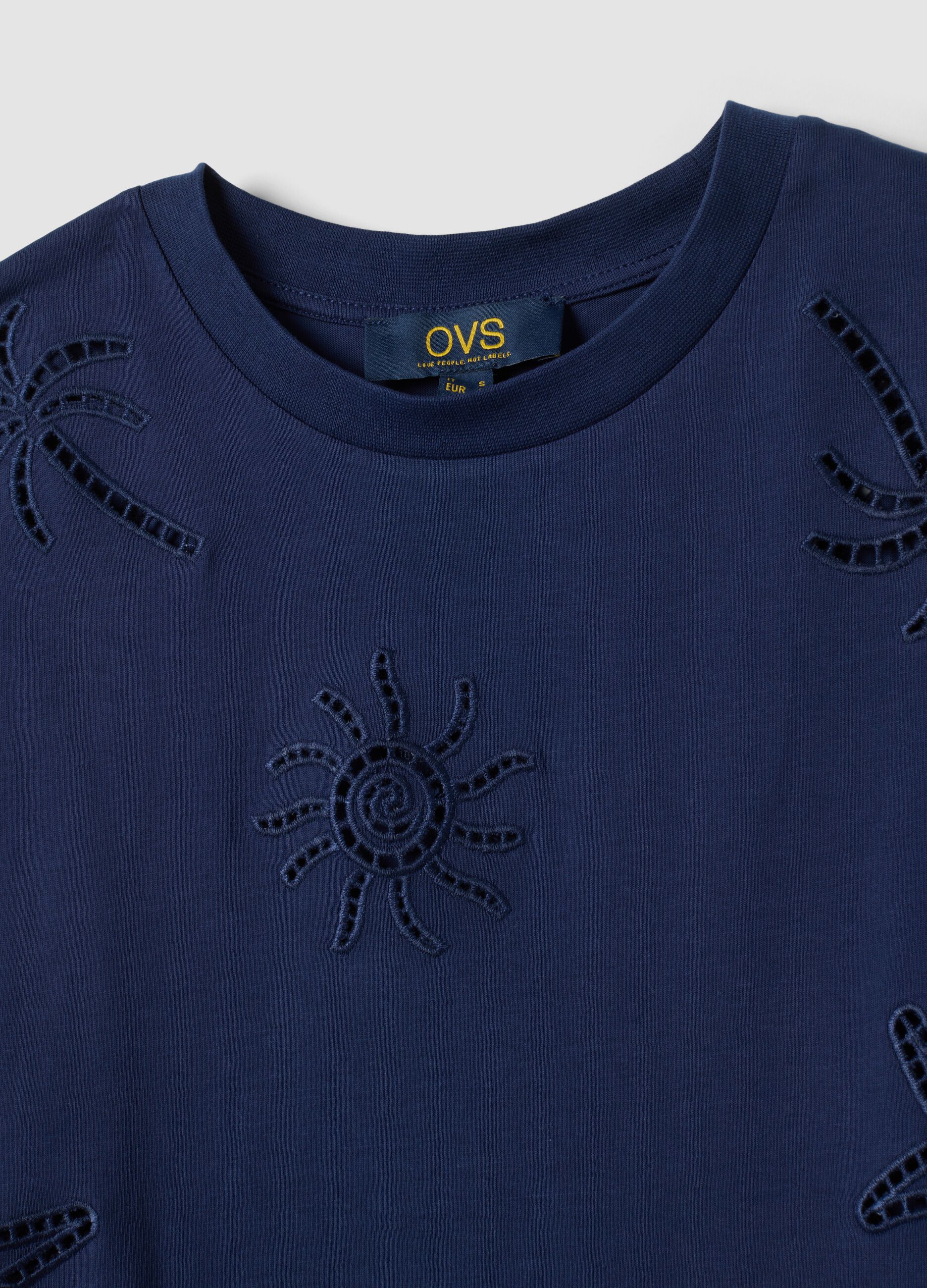 Blue pure cotton T-shirt with openwork embroidery, regular fit