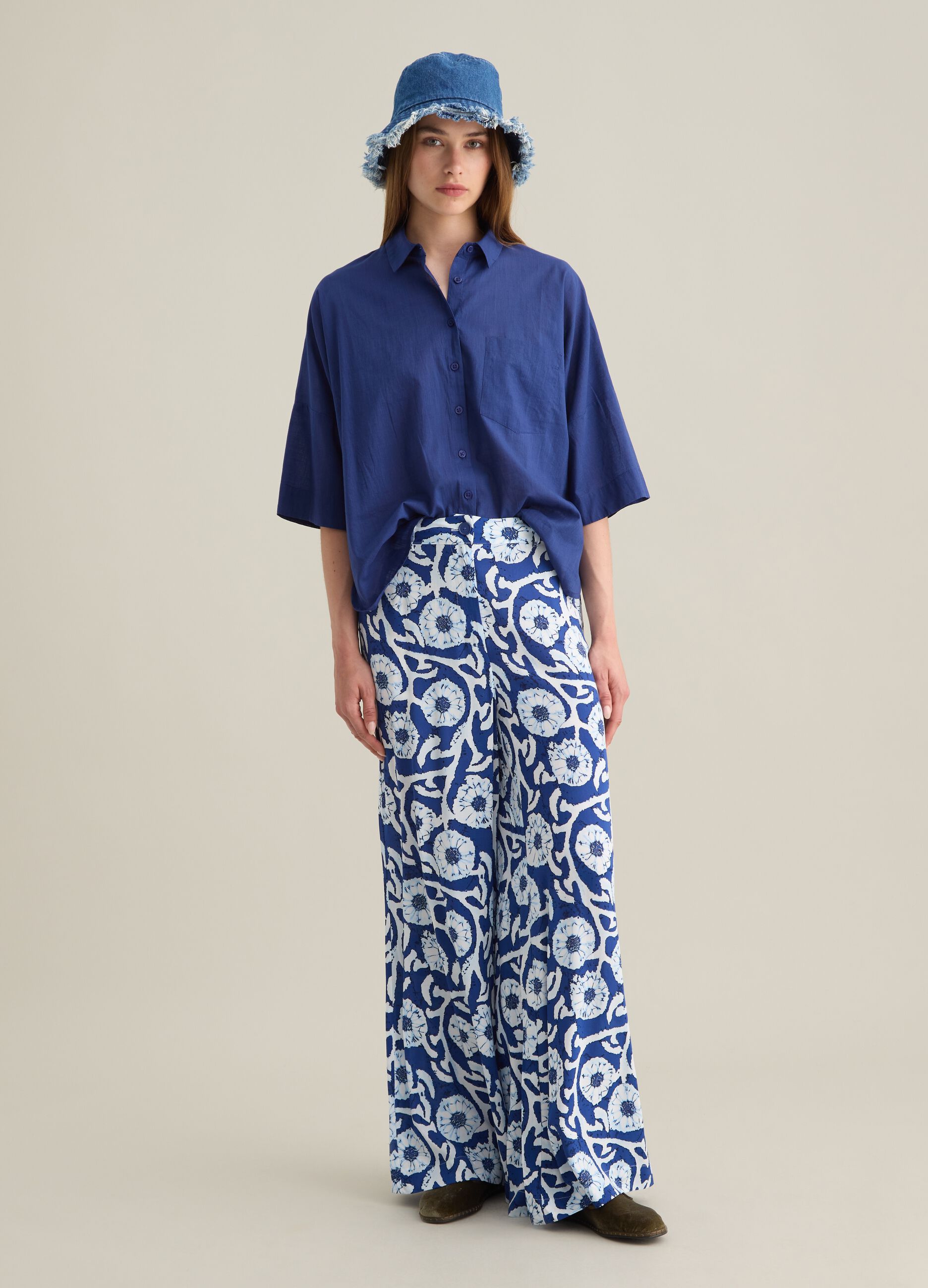 Oversized blue pure cotton women's shirt