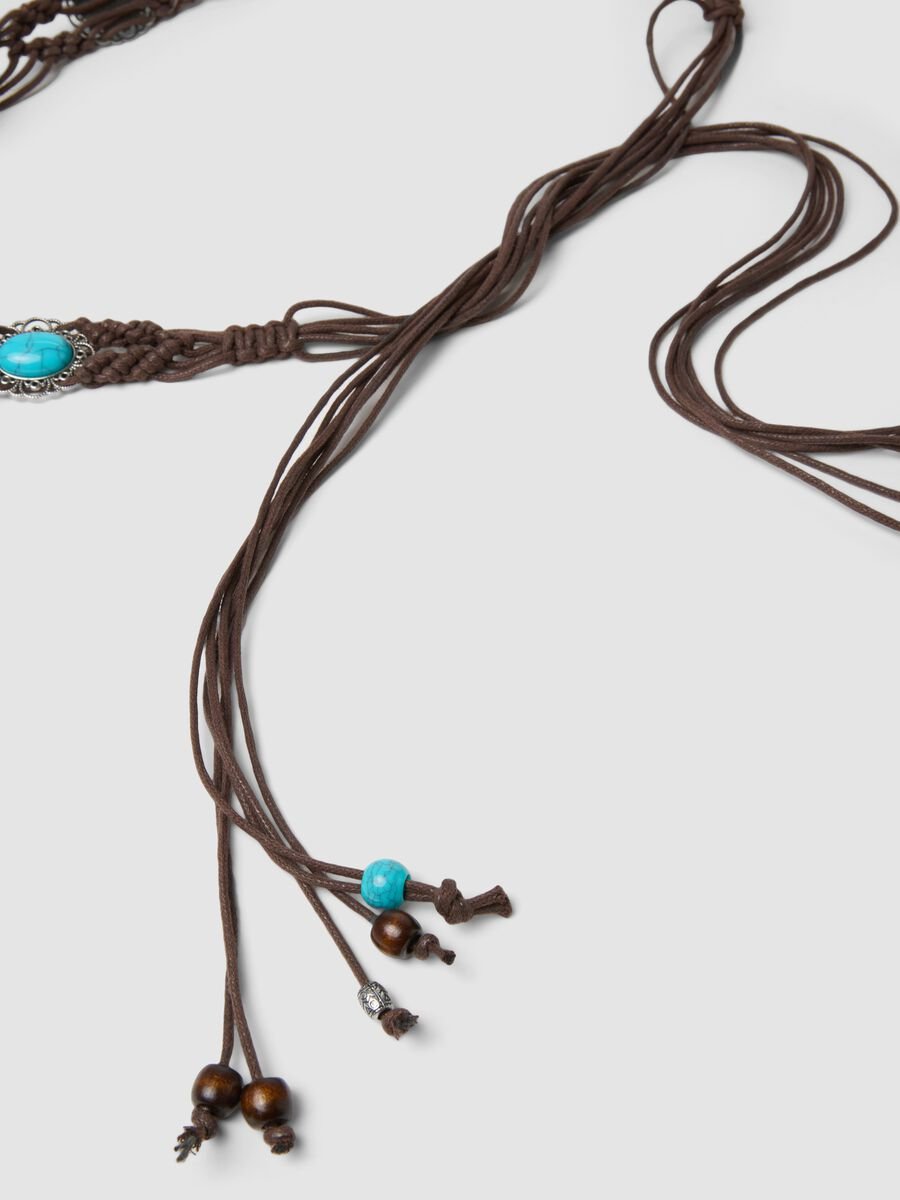 Brown braided belt with beads and decorative stones_3