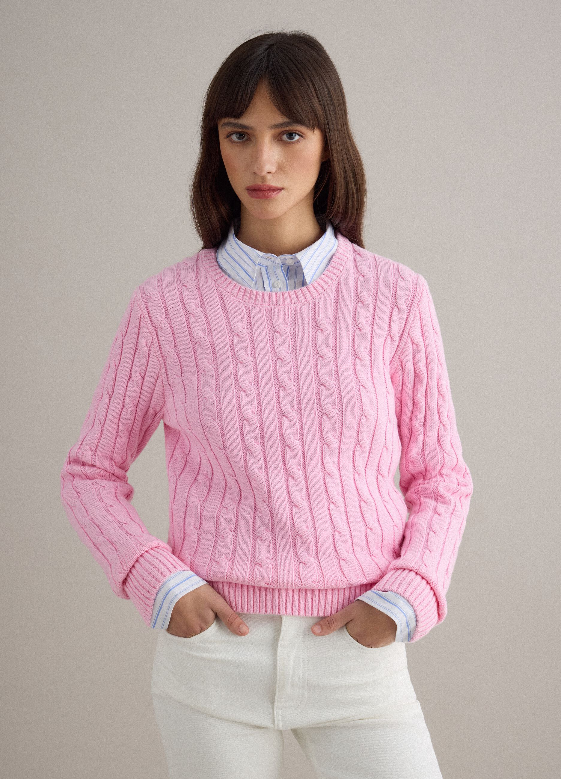Pink pure cotton regular fit jumper with cable knit