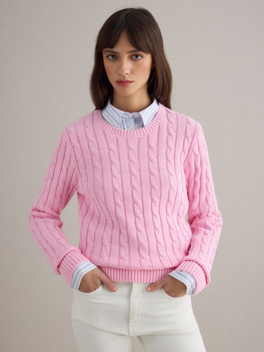 Pink pure cotton regular fit jumper with cable knit_0