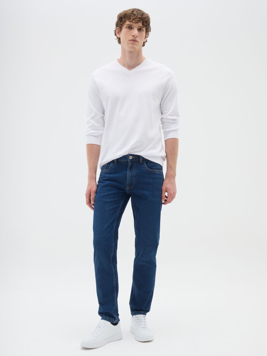 Blue denim cotton blend slim fit jeans_0