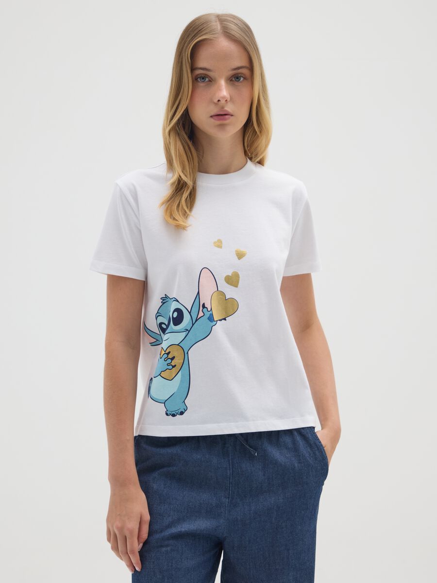 T-shirt in puro cotone bianca regular fit con stampa Stitch_0