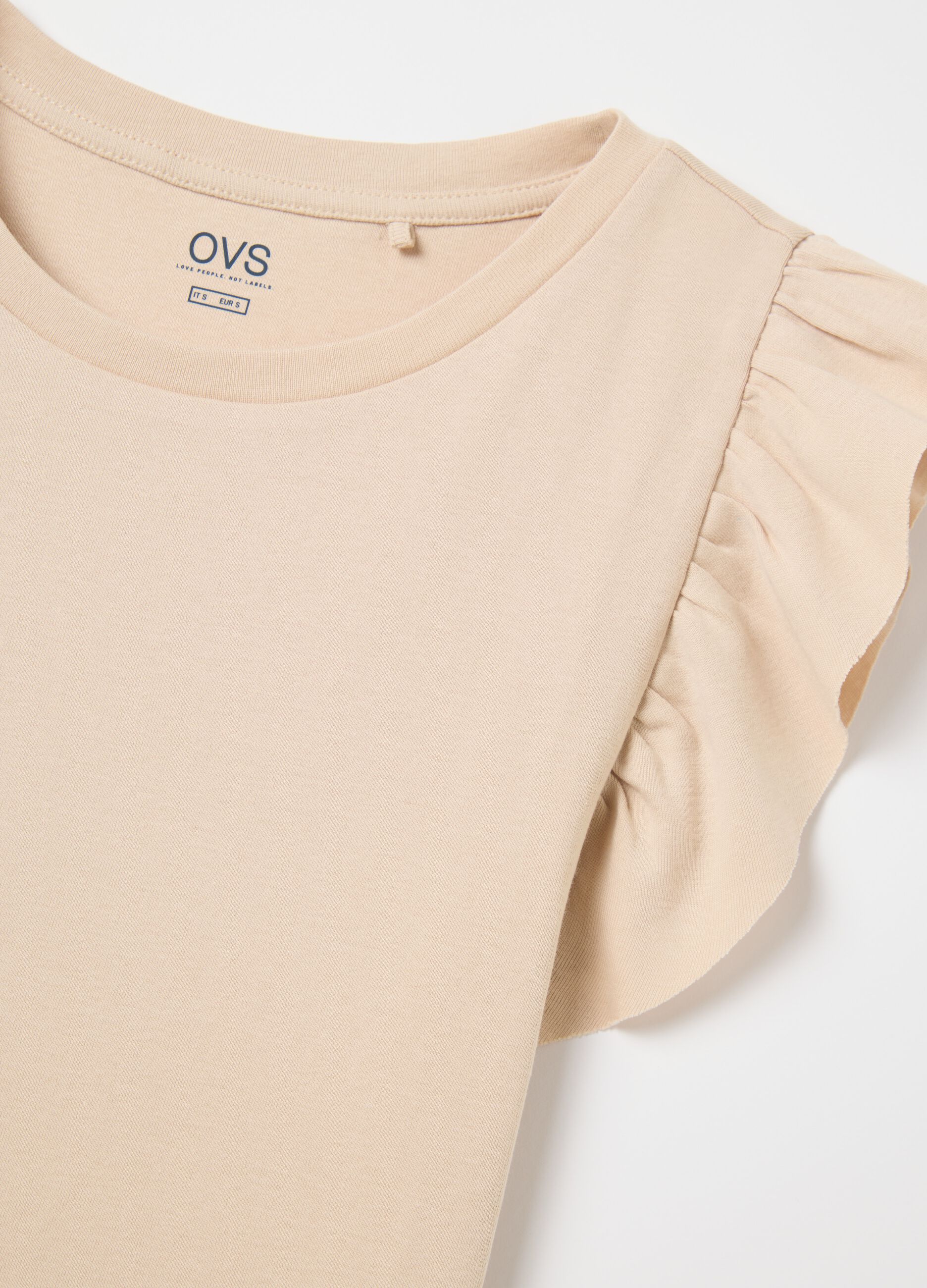 Beige cotton tee with ruched sleeves
