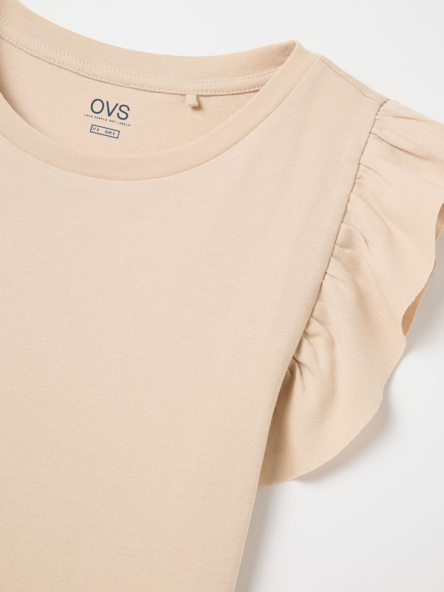 Beige cotton tee with ruched sleeves_5