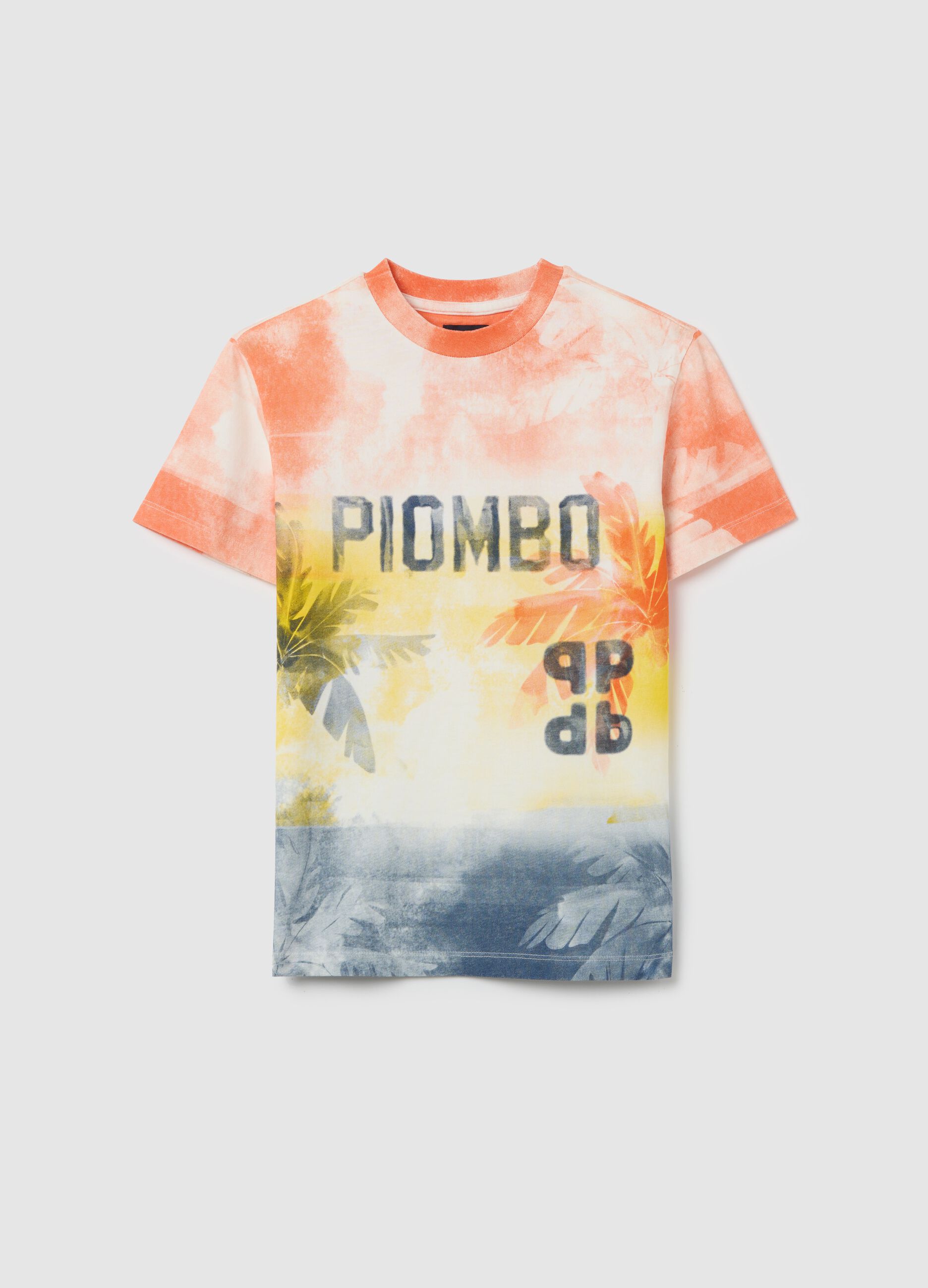 Yellow and orange dip-dye T-shirt with logo and palms print